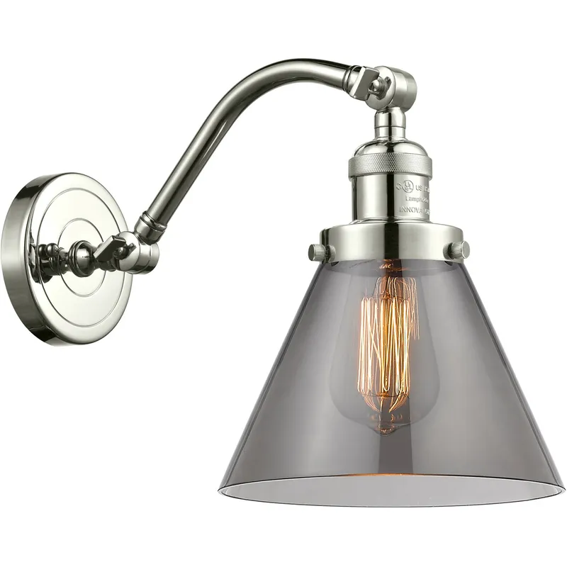 Franklin Restoration Large Cone LED 8 inch Polished Nickel Sconce Wall Light in Plated Smoke Glass, Franklin Restoration