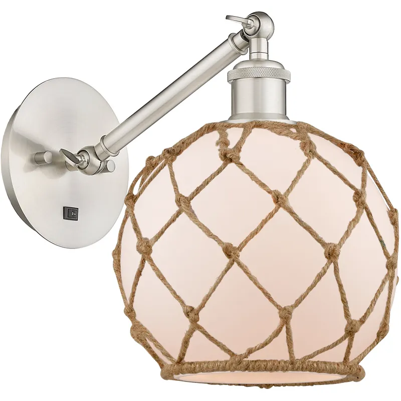 Ballston Farmhouse Rope LED 8 inch Brushed Satin Nickel Sconce Wall Light in White Glass with Brown Rope