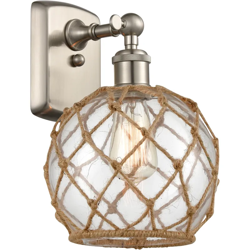 Ballston Farmhouse Rope Armed Sconce Wall Light in Brushed Satin Nickel, LED, Clear Glass with Brown Rope, Ballston