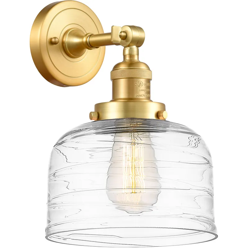 Franklin Restoration Bell LED 8 inch Satin Gold Sconce Wall Light in Clear Deco Swirl Glass