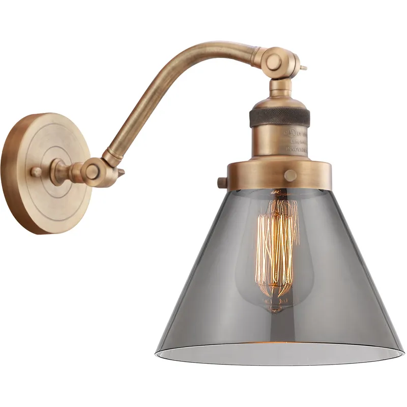 Franklin Restoration Large Cone LED 8 inch Brushed Brass Sconce Wall Light in Plated Smoke Glass, Franklin Restoration
