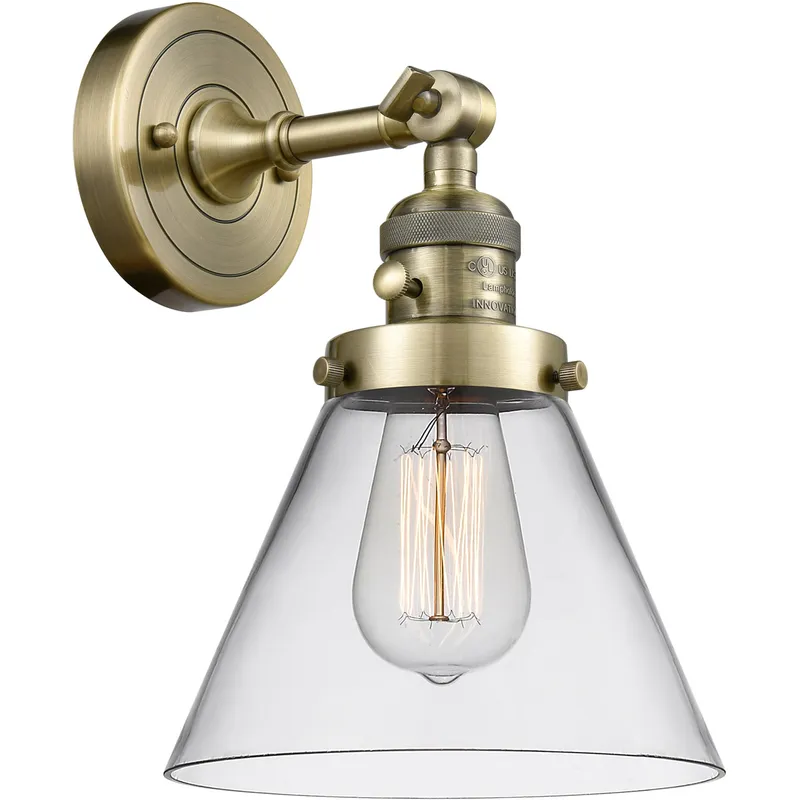 Franklin Restoration Large Cone 1 Light 8 inch Antique Brass Sconce Wall Light in Clear Glass, Franklin Restoration