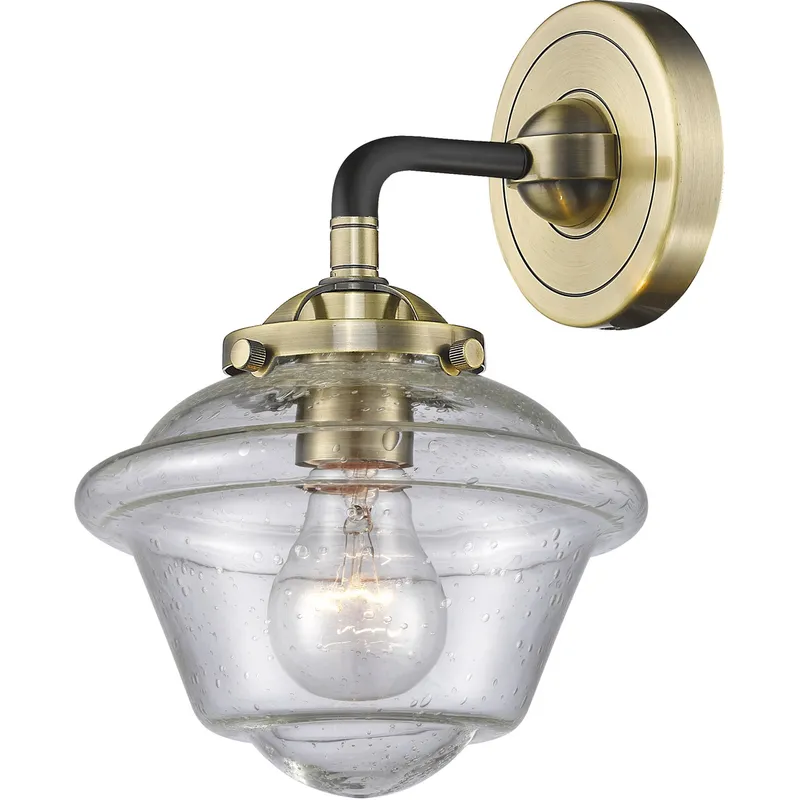 Nouveau Small Oxford LED 7.5 inch Black Antique Brass Sconce Wall Light in Seedy Glass, Nouveau