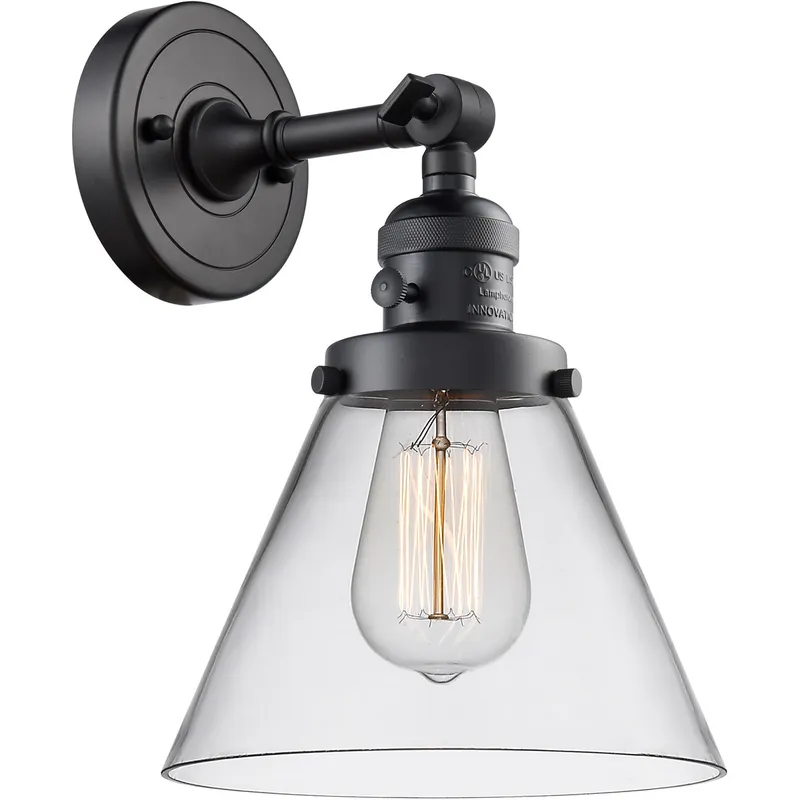 Franklin Restoration Large Cone 1 Light 8 inch Matte Black Sconce Wall Light in Clear Glass, Franklin Restoration