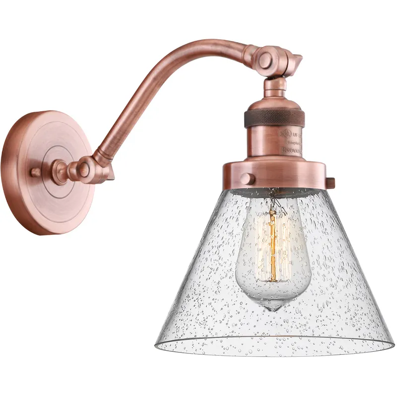 Franklin Restoration Large Cone LED 8 inch Antique Copper Sconce Wall Light in Seedy Glass, Franklin Restoration
