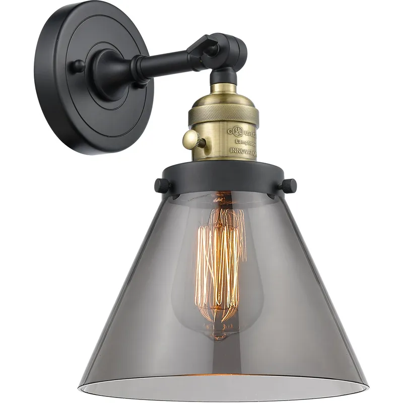Franklin Restoration Large Cone 1 Light 8 inch Black Antique Brass Sconce Wall Light in Light Smoke Glass, Franklin Restoration