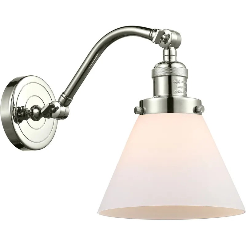 Franklin Restoration Large Cone LED 8 inch Polished Nickel Sconce Wall Light in Matte White Glass, Franklin Restoration