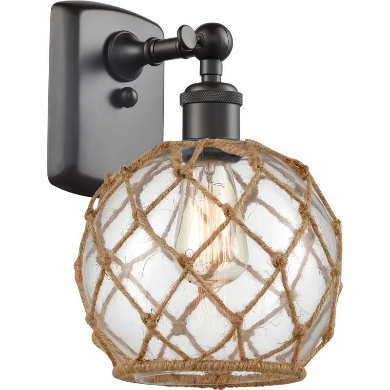 Ballston Farmhouse Rope Armed Sconce Wall Light in Oil Rubbed Bronze, LED, Clear Glass with Brown Rope, Ballston