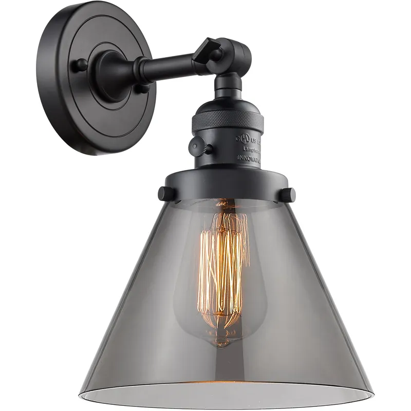 Franklin Restoration Large Cone 1 Light 8 inch Matte Black Sconce Wall Light in Light Smoke Glass, Franklin Restoration
