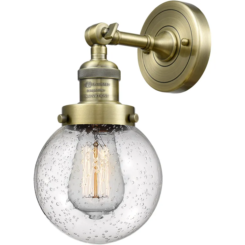 Franklin Restoration Beacon LED 6 inch Antique Brass Sconce Wall Light in Seedy Glass, Franklin Restoration