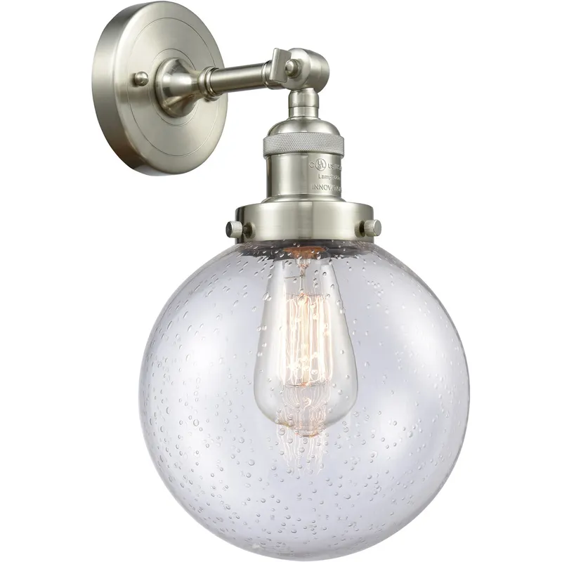 Franklin Restoration Large Beacon LED 8 inch Brushed Satin Nickel Sconce Wall Light in Seedy Glass, Franklin Restoration