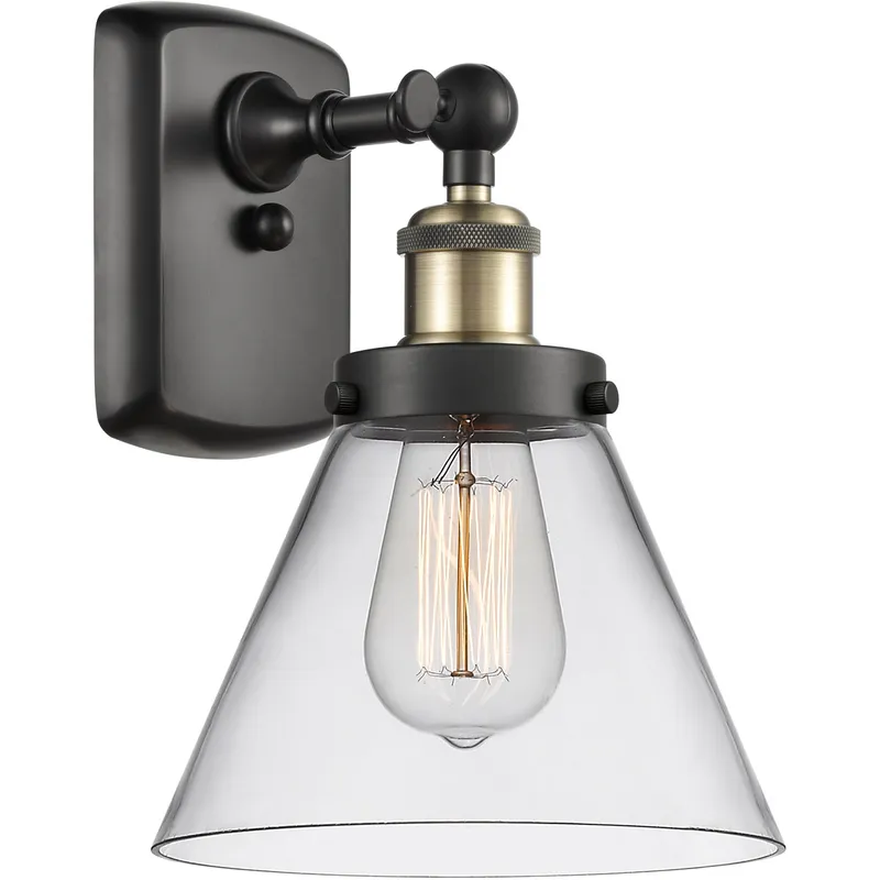 Ballston Large Cone 1 Light 8 inch Black Antique Brass Sconce Wall Light in Clear Glass