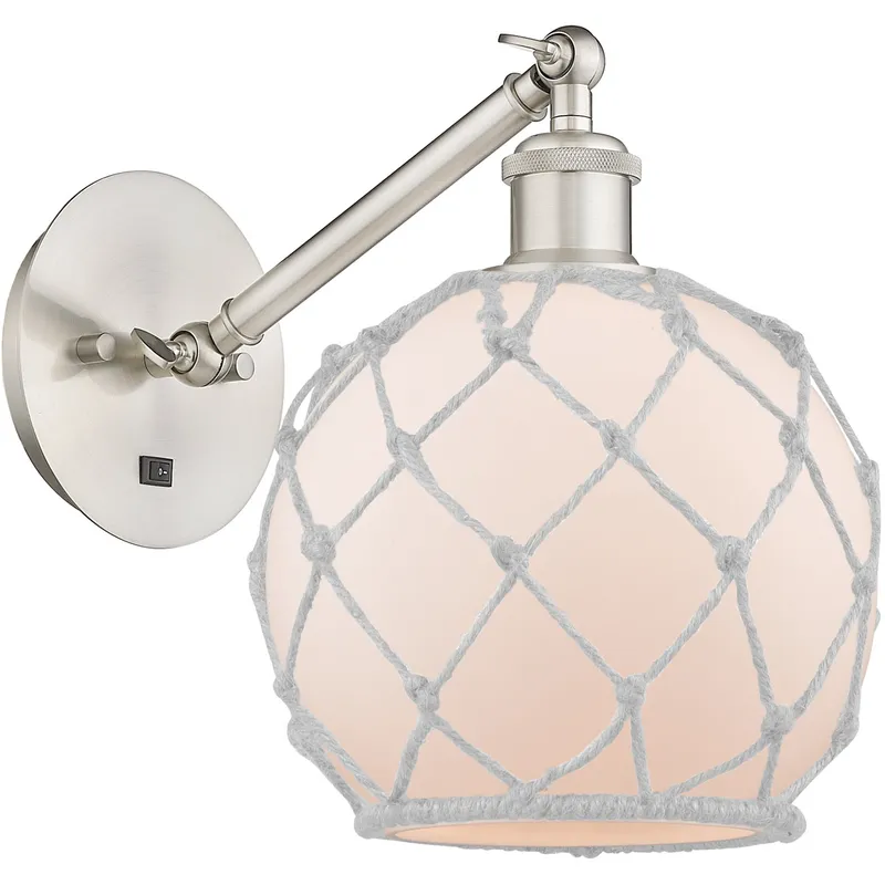 Ballston Farmhouse Rope LED 8 inch Brushed Satin Nickel Sconce Wall Light in White Glass with White Rope