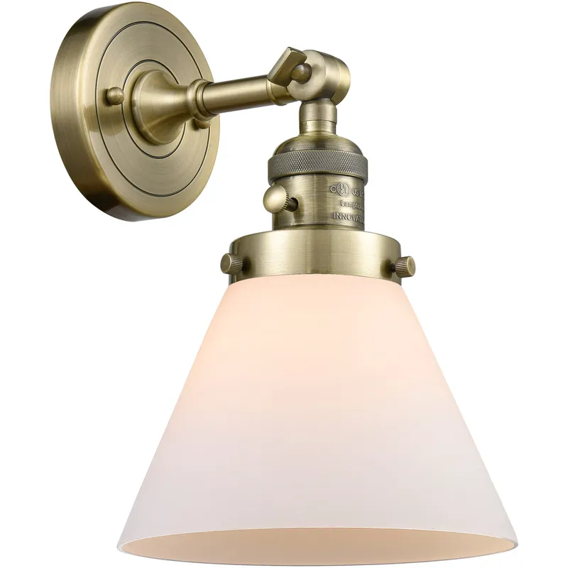 Franklin Restoration Large Cone 1 Light 8 inch Antique Brass Sconce Wall Light in Matte White Glass, Franklin Restoration