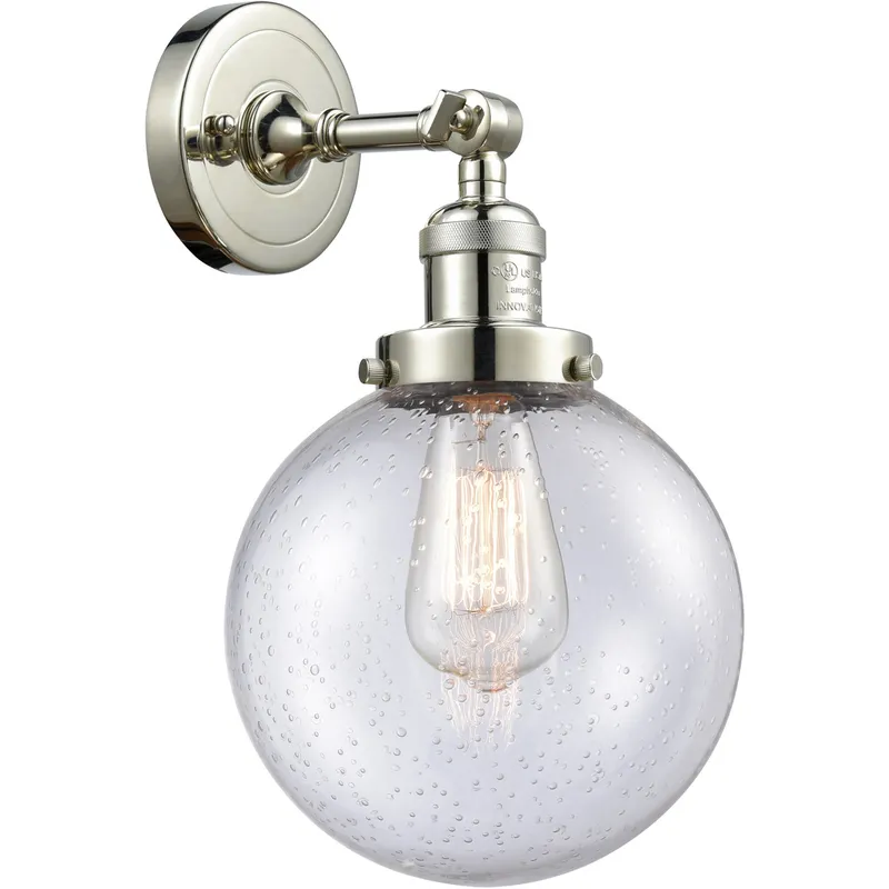 Franklin Restoration Large Beacon LED 8 inch Polished Nickel Sconce Wall Light in Seedy Glass, Franklin Restoration