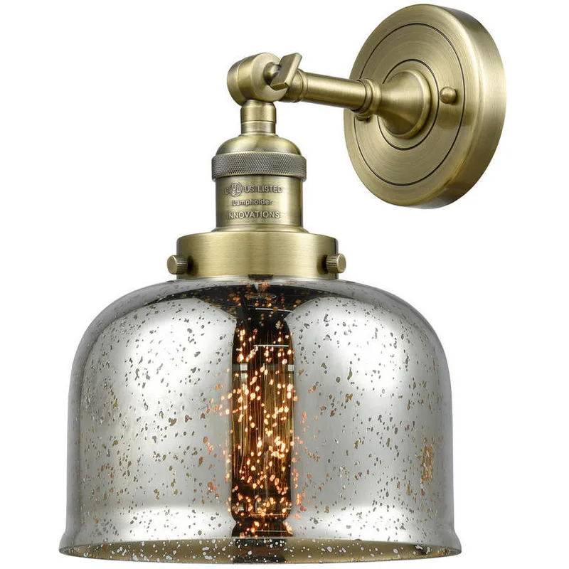 Franklin Restoration Large Bell LED 8 inch Antique Brass Sconce Wall Light in Silver Plated Mercury Glass, Franklin Restoration