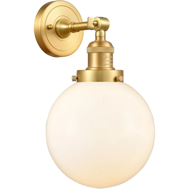 Franklin Restoration Large Beacon LED 8 inch Satin Gold Sconce Wall Light in Matte White Glass, Franklin Restoration