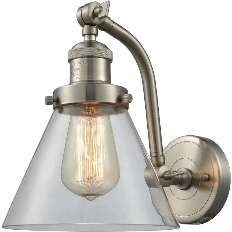 Franklin Restoration Large Cone LED 8 inch Brushed Satin Nickel Sconce Wall Light in Clear Glass, Franklin Restoration