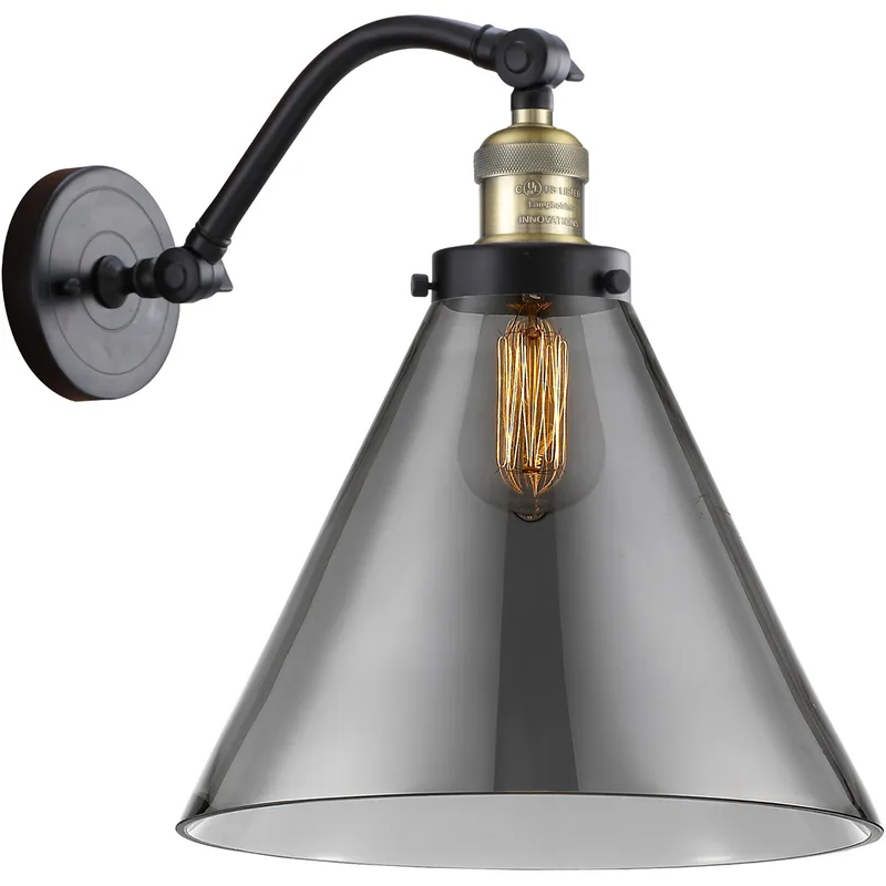 Franklin Restoration X-Large Cone 1 Light 12 inch Black Antique Brass Sconce Wall Light in Light Smoke Glass, Franklin Restoration