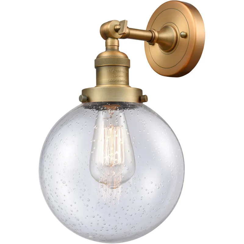 Franklin Restoration Large Beacon LED 8 inch Brushed Brass Sconce Wall Light in Seedy Glass, Franklin Restoration