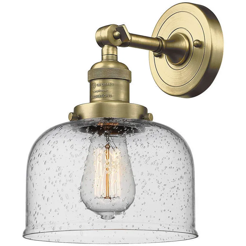 Franklin Restoration Large Bell LED 8 inch Antique Brass Sconce Wall Light in Seedy Glass, Franklin Restoration