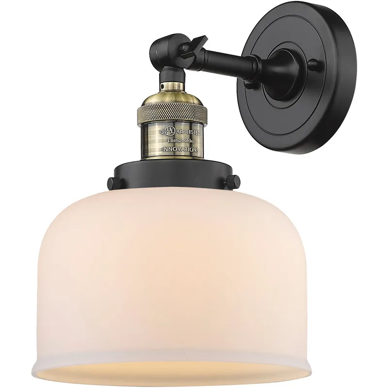 Franklin Restoration Large Bell LED 8 inch Black Antique Brass Sconce Wall Light in Matte White Glass, Franklin Restoration