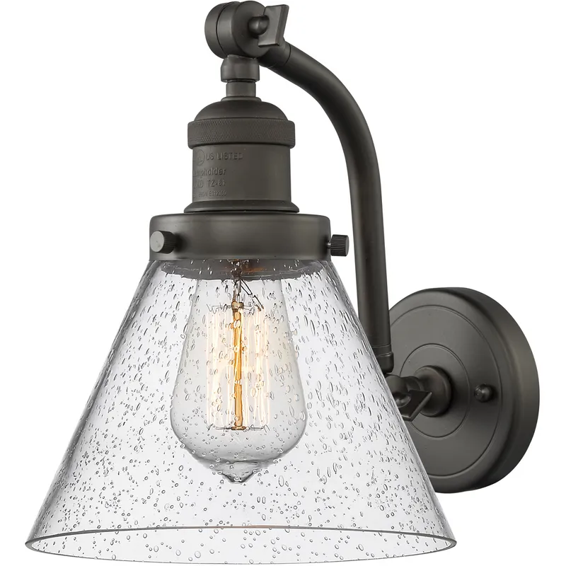 Franklin Restoration Large Cone LED 8 inch Oil Rubbed Bronze Sconce Wall Light in Seedy Glass, Franklin Restoration
