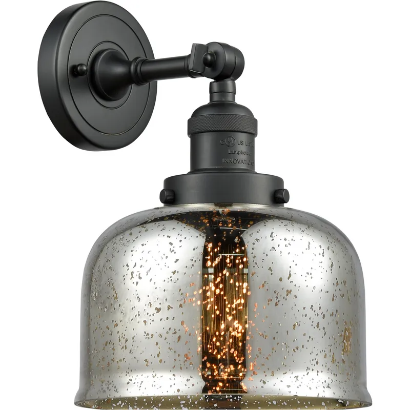 Franklin Restoration Large Bell LED 8 inch Matte Black Sconce Wall Light in Silver Plated Mercury Glass, Franklin Restoration