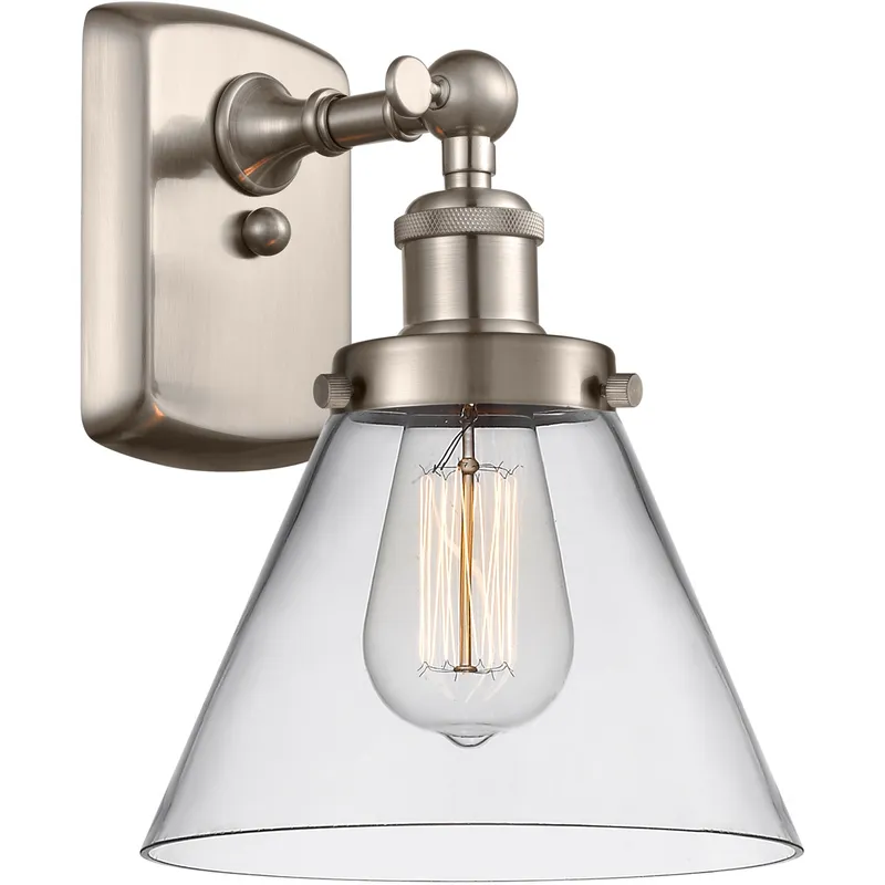 Ballston Large Cone 1 Light 8 inch Brushed Satin Nickel Sconce Wall Light in Clear Glass, Ballston
