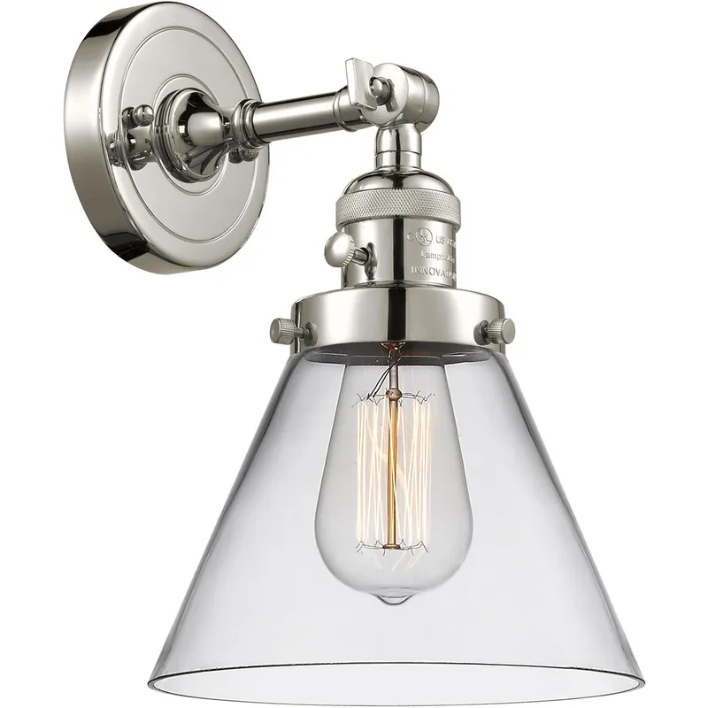 Franklin Restoration Large Cone 1 Light 8 inch Polished Nickel Sconce Wall Light in Clear Glass, Franklin Restoration