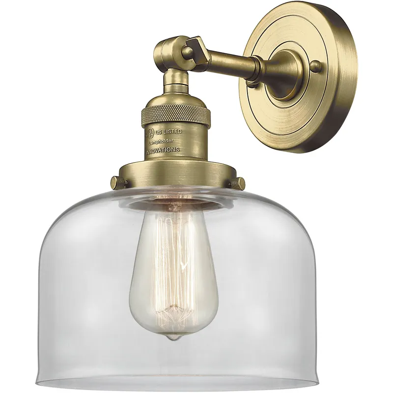 Franklin Restoration Large Bell LED 8 inch Antique Brass Sconce Wall Light in Clear Glass, Franklin Restoration
