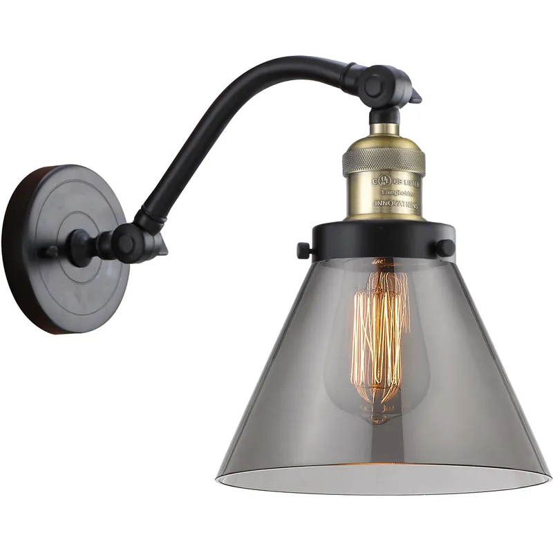 Franklin Restoration Large Cone LED 8 inch Black Antique Brass Sconce Wall Light in Plated Smoke Glass, Franklin Restoration