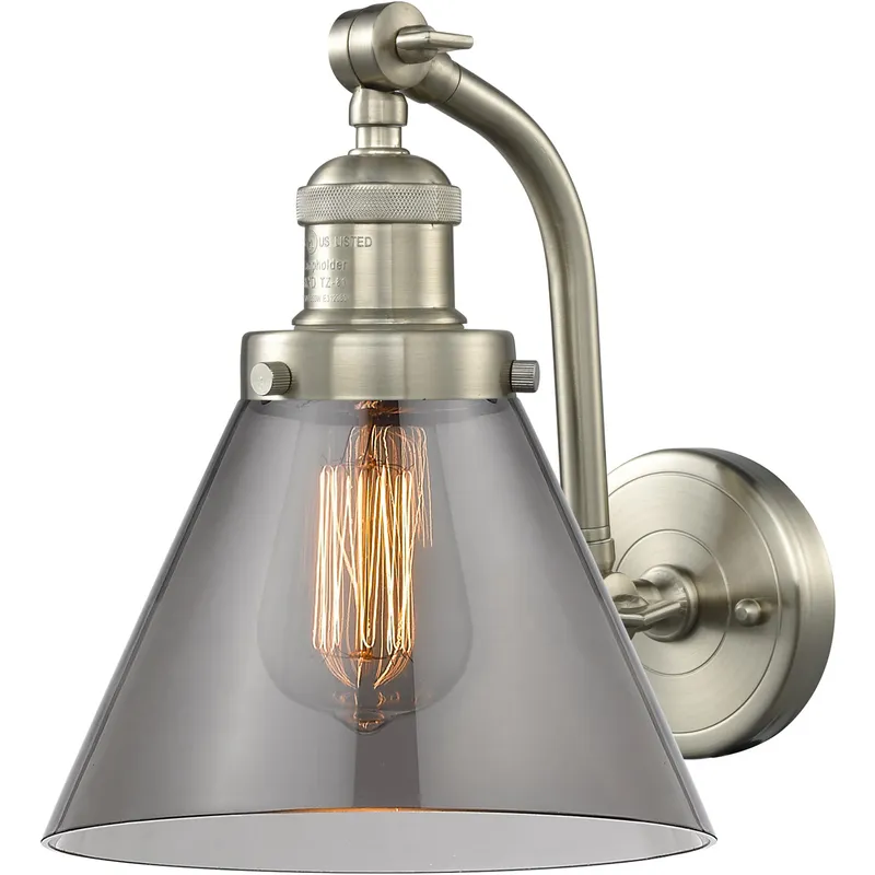 Franklin Restoration Large Cone LED 8 inch Brushed Satin Nickel Sconce Wall Light in Plated Smoke Glass, Franklin Restoration