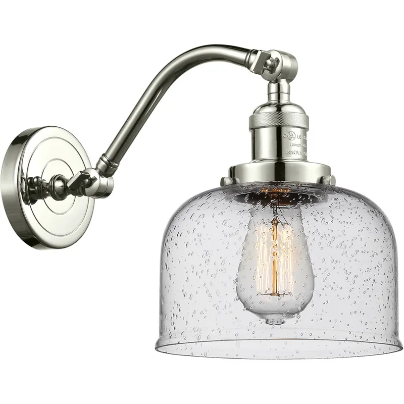 Franklin Restoration Large Bell LED 8 inch Polished Nickel Sconce Wall Light in Seedy Glass, Franklin Restoration