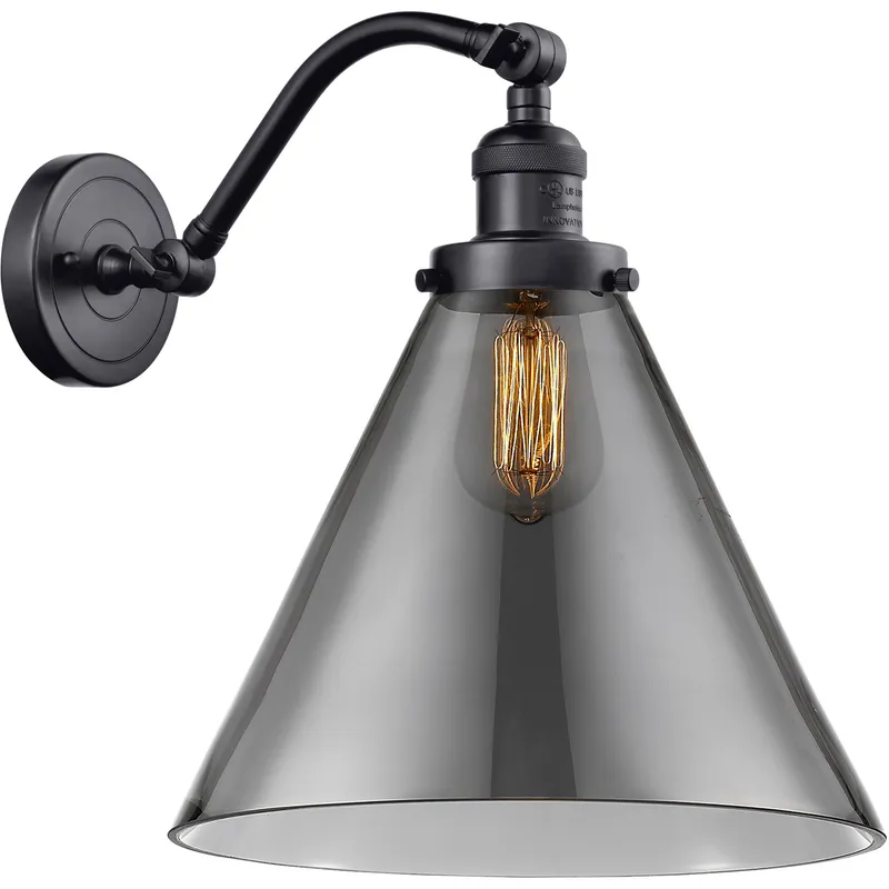 Franklin Restoration X-Large Cone 1 Light 12 inch Matte Black Sconce Wall Light in Light Smoke Glass, Franklin Restoration