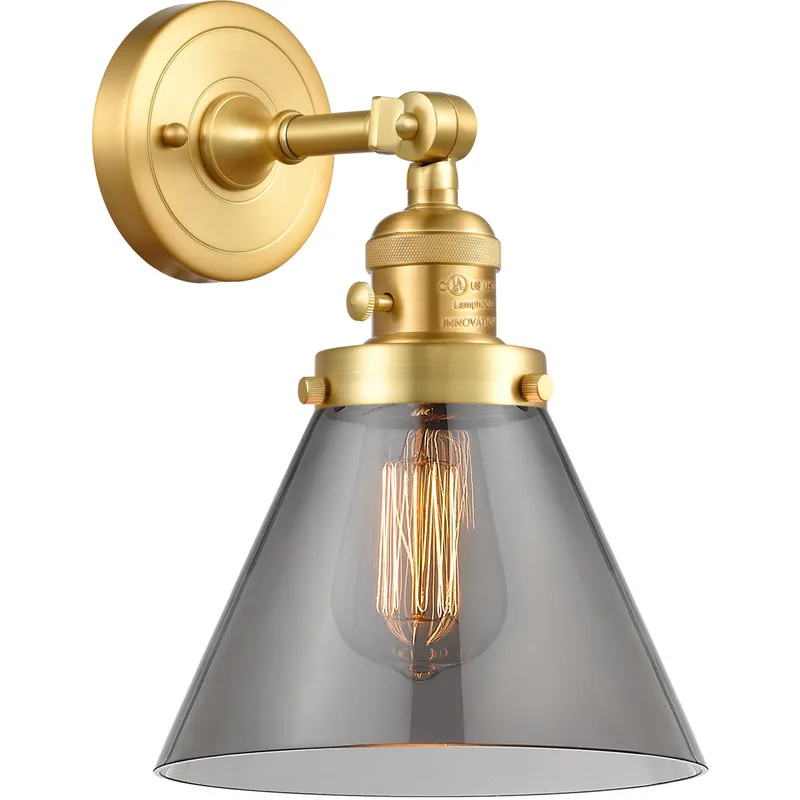 Franklin Restoration Large Cone 1 Light 8 inch Satin Gold Sconce Wall Light in Light Smoke Glass, Franklin Restoration
