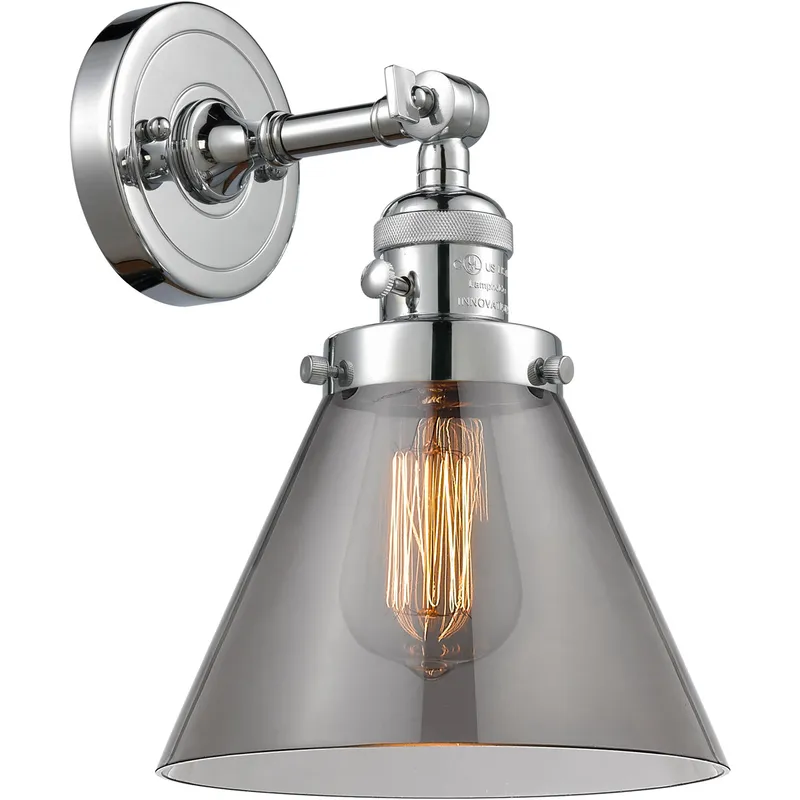 Franklin Restoration Large Cone 1 Light 8 inch Polished Chrome Sconce Wall Light in Light Smoke Glass, Franklin Restoration
