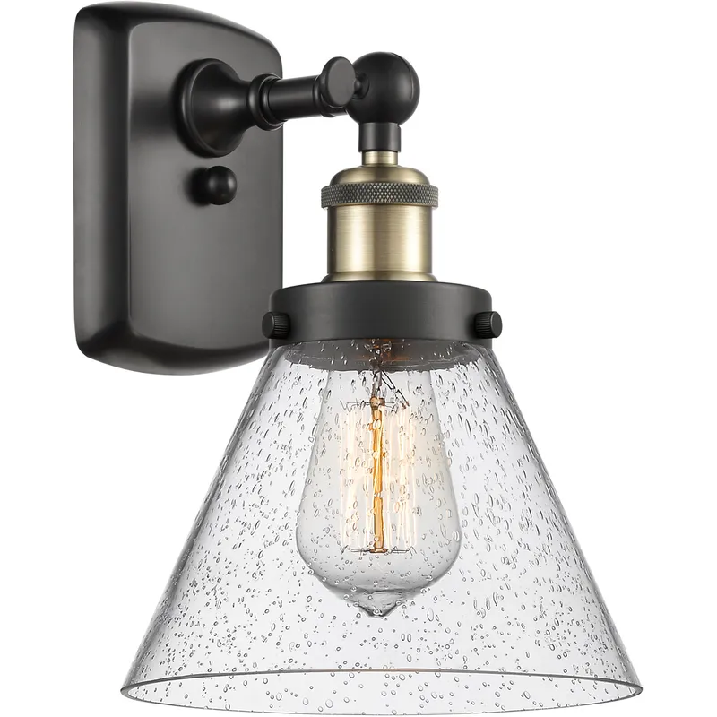Ballston Large Cone 1 Light 8 inch Black Antique Brass Sconce Wall Light in Seedy Glass