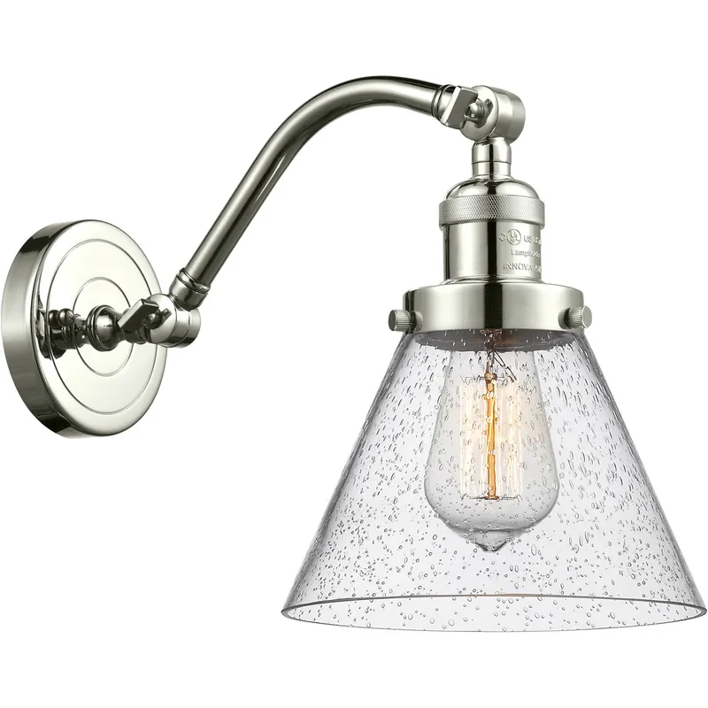 Franklin Restoration Large Cone LED 8 inch Polished Nickel Sconce Wall Light in Seedy Glass, Franklin Restoration