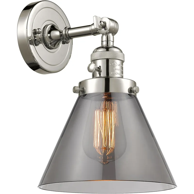 Franklin Restoration Large Cone 1 Light 8 inch Polished Nickel Sconce Wall Light in Light Smoke Glass, Franklin Restoration