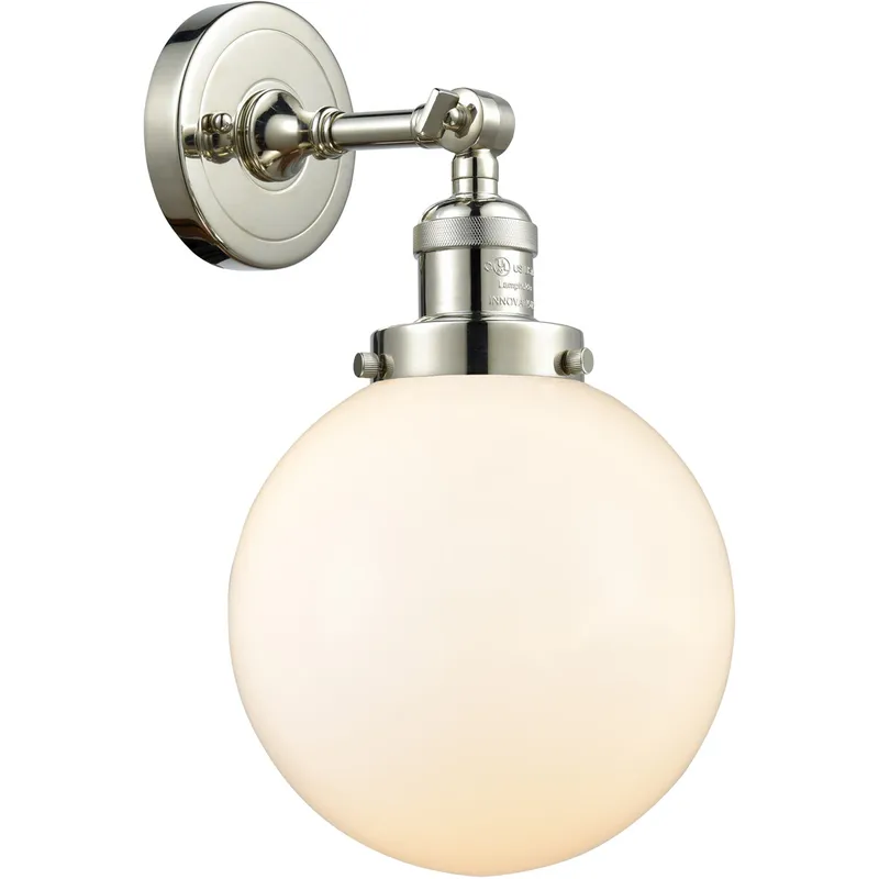 Franklin Restoration Large Beacon LED 8 inch Polished Nickel Sconce Wall Light in Matte White Glass, Franklin Restoration