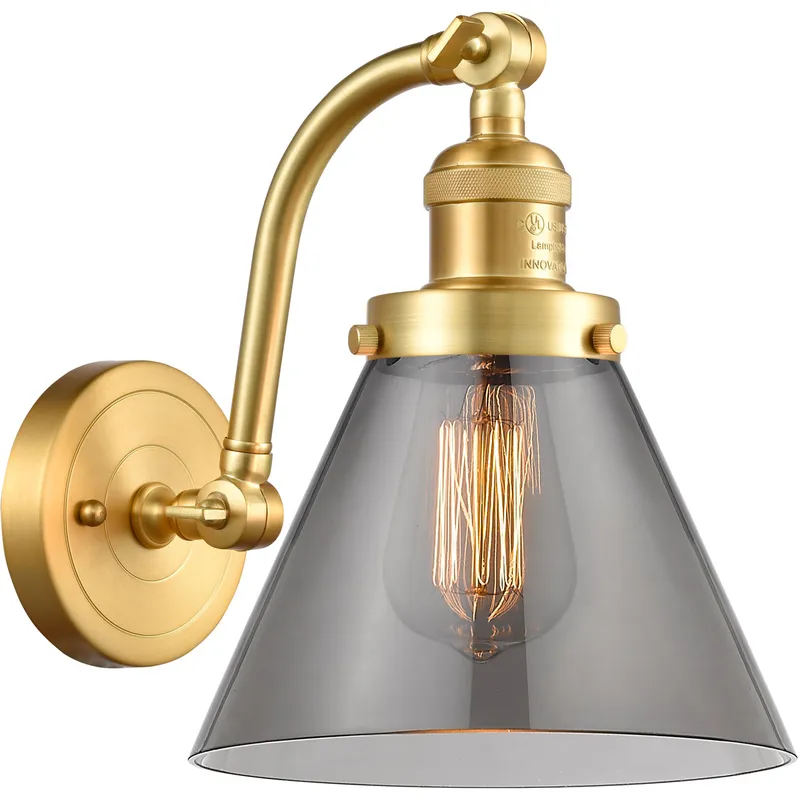 Franklin Restoration Large Cone LED 8 inch Satin Gold Sconce Wall Light in Plated Smoke Glass, Franklin Restoration