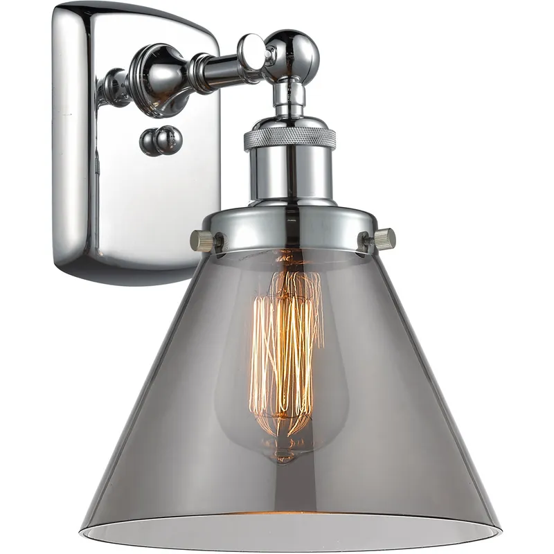 Ballston Large Cone 1 Light 8 inch Polished Chrome Sconce Wall Light in Light Smoke Glass, Ballston