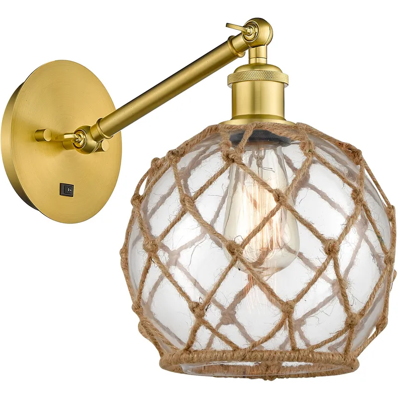 Ballston Farmhouse Rope LED 8 inch Satin Gold Sconce Wall Light in Clear Glass with Brown Rope