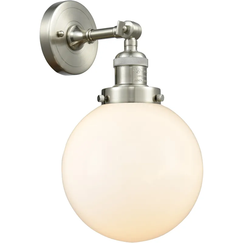 Franklin Restoration Large Beacon LED 8 inch Brushed Satin Nickel Sconce Wall Light in Matte White Glass, Franklin Restoration