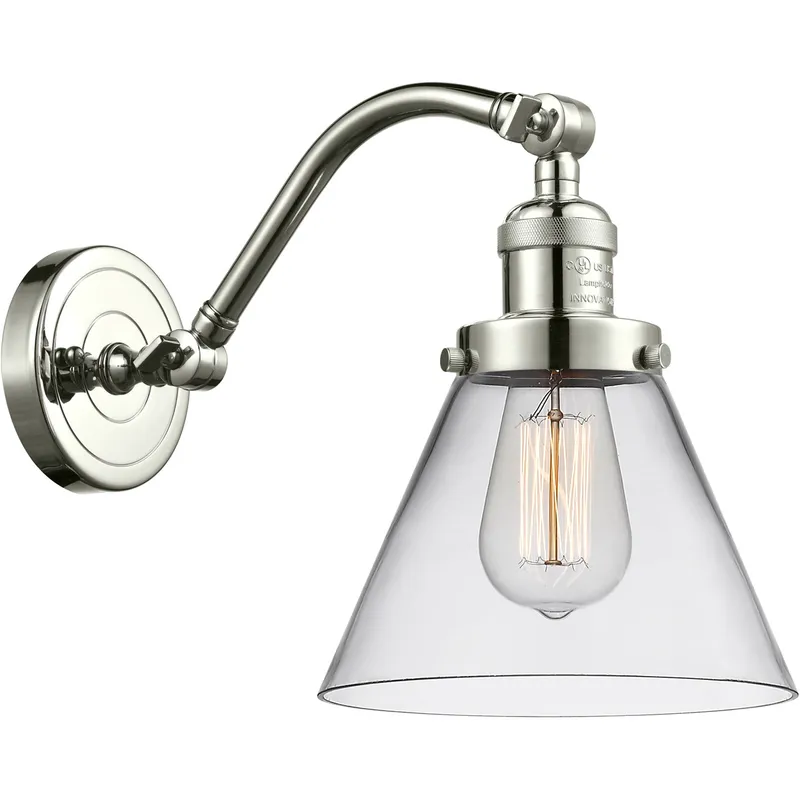 Franklin Restoration Large Cone LED 8 inch Polished Nickel Sconce Wall Light in Clear Glass, Franklin Restoration