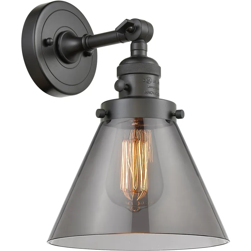 Franklin Restoration Large Cone 1 Light 8 inch Oil Rubbed Bronze Sconce Wall Light in Light Smoke Glass, Franklin Restoration