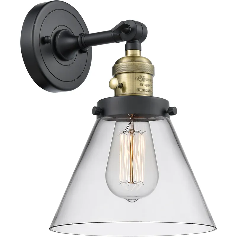 Franklin Restoration Large Cone 1 Light 8 inch Black Antique Brass Sconce Wall Light in Clear Glass, Franklin Restoration