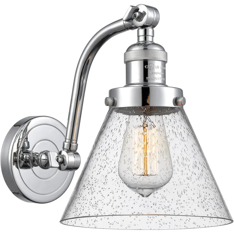 Franklin Restoration Large Cone LED 8 inch Polished Chrome Sconce Wall Light in Seedy Glass, Franklin Restoration
