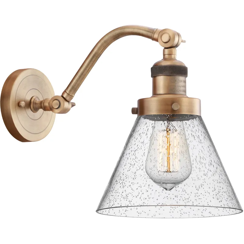 Franklin Restoration Large Cone LED 8 inch Brushed Brass Sconce Wall Light in Seedy Glass, Franklin Restoration